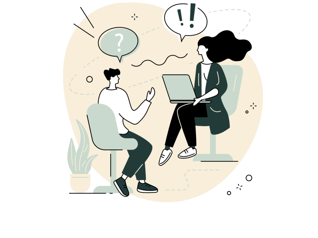 Illustration of a coaching session with two people exchanging ideas, representing Liveful's personalized growth and leadership coaching services