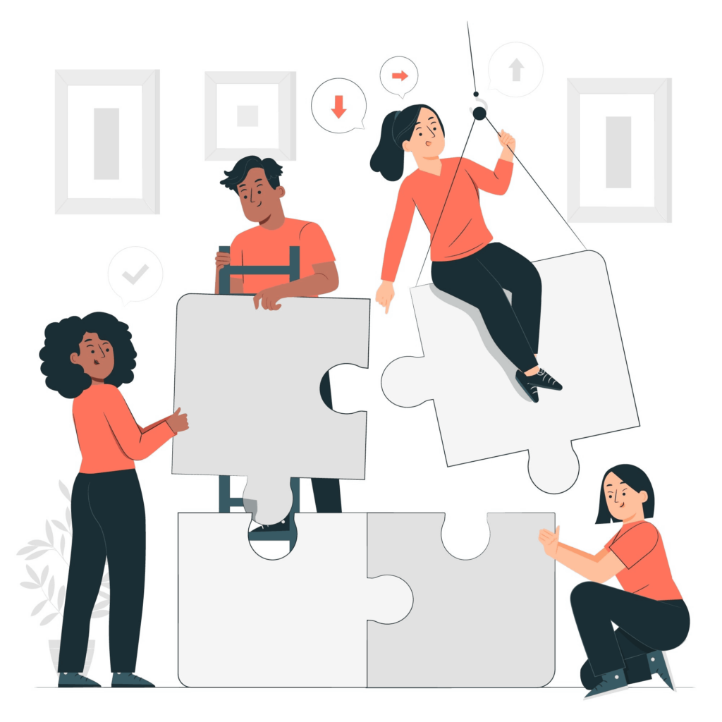 Illustration of a diverse team assembling puzzle pieces, symbolizing collaborative growth and tailored coaching solutions at Liveful